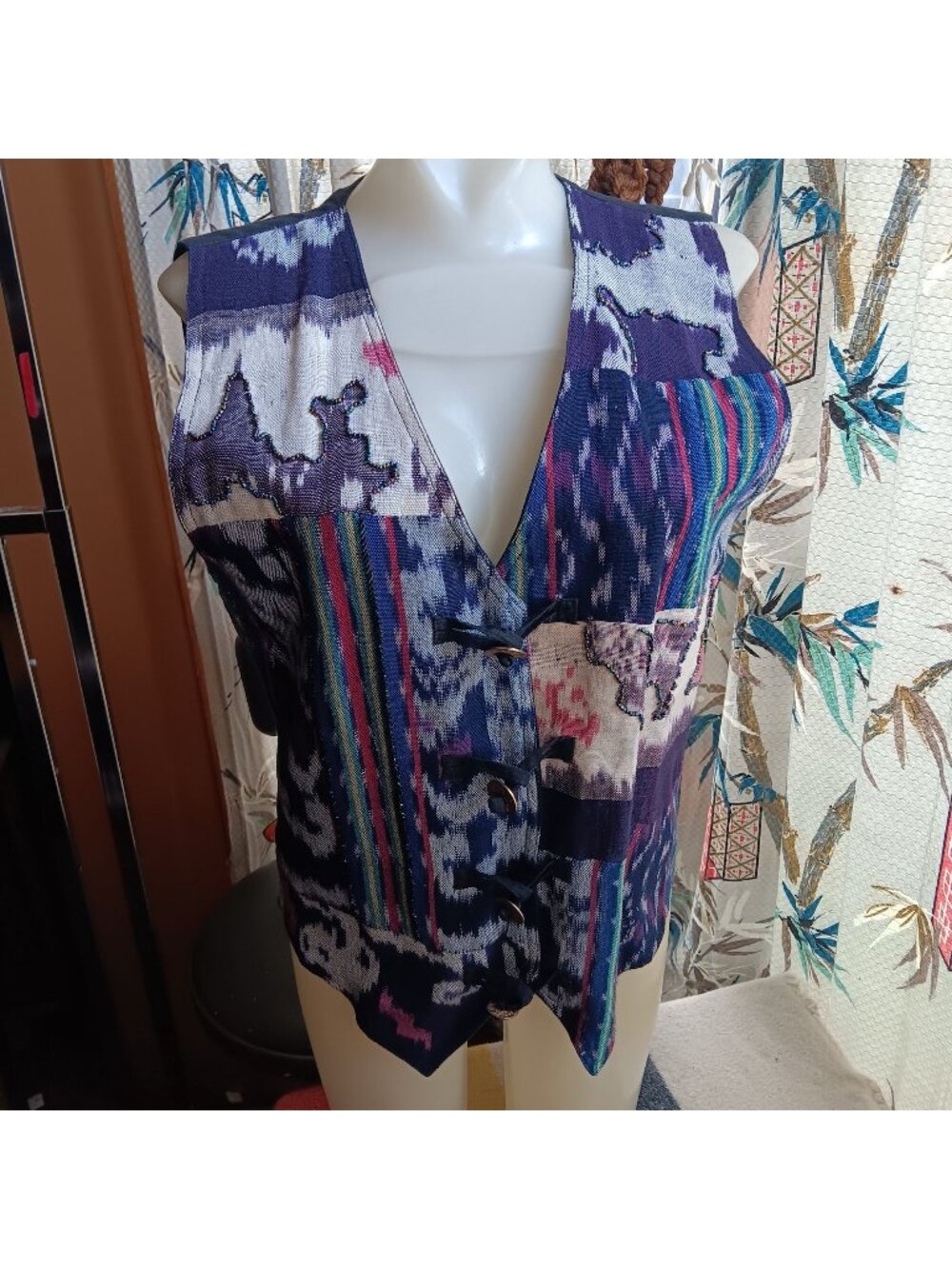 Small Vintage Effeci Womens Multicolor Patchwork Vest Beaded 1990s Coastal Boho